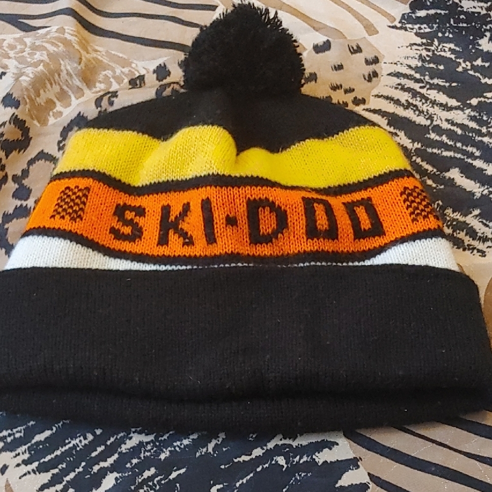 Kids Pom-Pom Beanie - Black, Yellow, and Orange